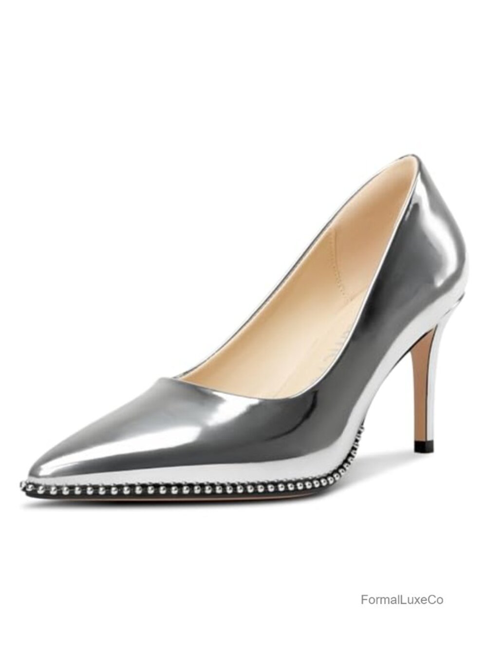 Women's Beaded Pointed Toe Slip On Stiletto Pump Faux Leather Mid Heel Dress